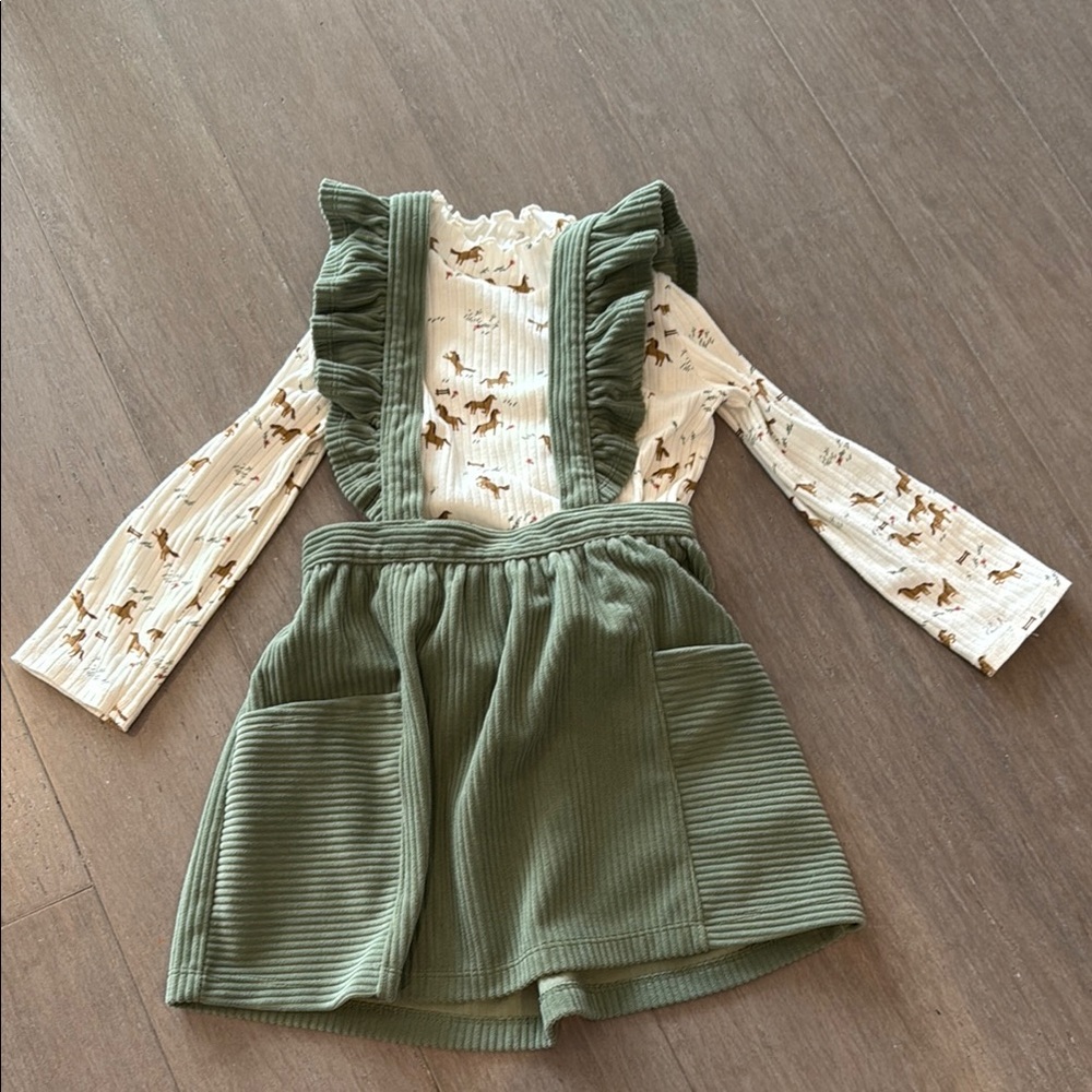 4T Green Corduroy Kids Skirt with Suspenders and Horse Print Shirt